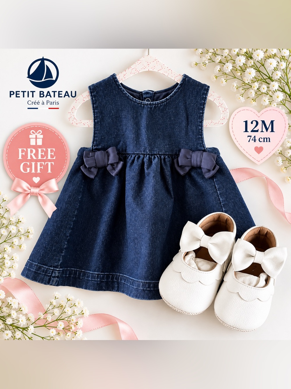 Petit Bateau Baby Girl Navy Denim Dress 12M + FREE Bow Shoes 🎁